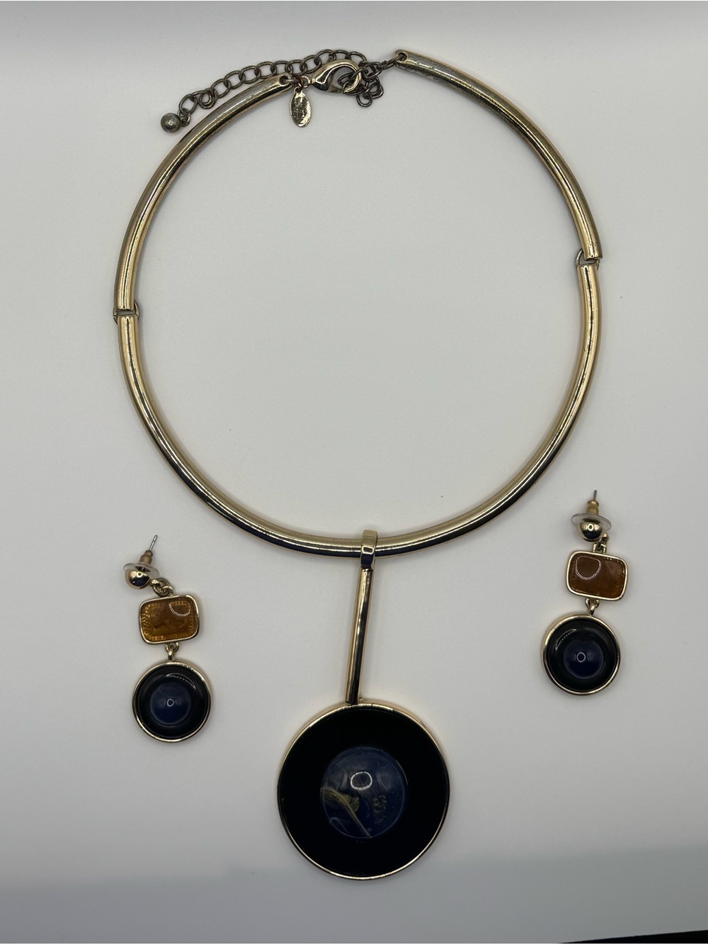 Chicos Gold Toned Necklace & Earring Set with Navy and Amber Accents - Picture 3 of 8